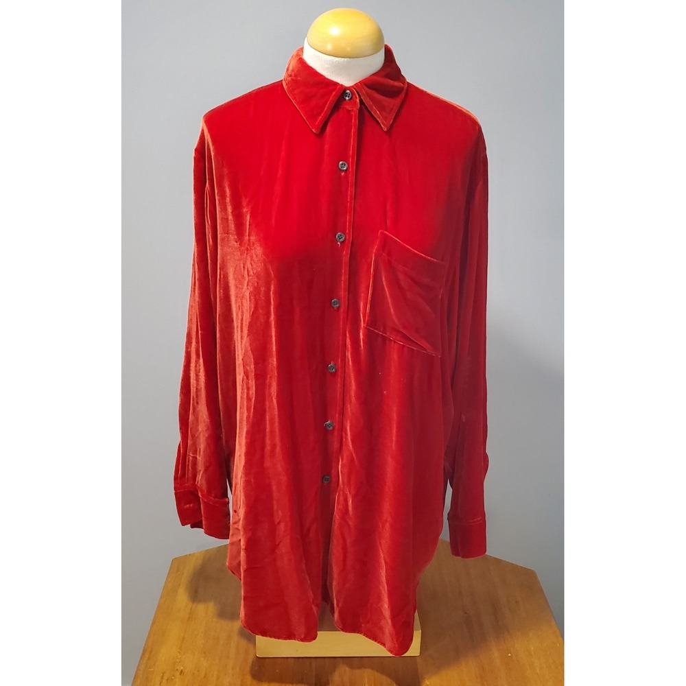 Vintage Lauren Ralph Lauren Red Velvet‎ Top Womens M Button Down Silk Blend EUC - Picture 6 of 8